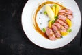 Traditional gourmet duck breast fillet with mashed potatoes and orange sauce. Top view, overhead Royalty Free Stock Photo