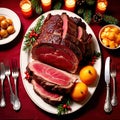 Traditional gourmet meal of roast beef, plated with festive Christmas decoration for holiday meal Royalty Free Stock Photo