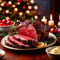 Traditional gourmet meal of roast beef, plated with festive Christmas decoration for holiday meal Royalty Free Stock Photo