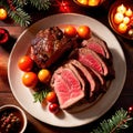 Traditional gourmet meal of roast beef, plated with festive Christmas decoration for holiday meal Royalty Free Stock Photo