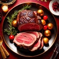 Traditional gourmet meal of roast beef, plated with festive Christmas decoration for holiday meal Royalty Free Stock Photo