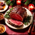 Traditional gourmet meal of roast beef, plated with festive Christmas decoration for holiday meal Royalty Free Stock Photo