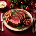 Traditional gourmet meal of roast beef, plated with festive Christmas decoration for holiday meal