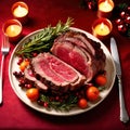 Traditional gourmet meal of roast beef, plated with festive Christmas decoration for holiday meal