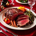 Traditional gourmet meal of roast beef, plated with festive Christmas decoration for holiday meal