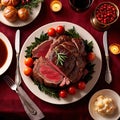 Traditional gourmet meal of roast beef, plated with festive Christmas decoration for holiday meal