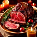 Traditional gourmet meal of roast beef, plated with festive Christmas decoration for holiday meal