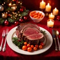 Traditional gourmet meal of roast beef, plated with festive Christmas decoration for holiday meal Royalty Free Stock Photo