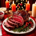 Traditional gourmet meal of roast beef, plated with festive Christmas decoration for holiday meal Royalty Free Stock Photo