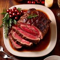 Traditional gourmet meal of roast beef, plated with festive Christmas decoration for holiday meal