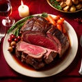 Traditional gourmet meal of roast beef, plated with festive Christmas decoration for holiday meal Royalty Free Stock Photo