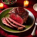 Traditional gourmet meal of roast beef, plated with festive Christmas decoration for holiday meal Royalty Free Stock Photo