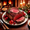 Traditional gourmet meal of roast beef, plated with festive Christmas decoration for holiday meal Royalty Free Stock Photo