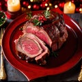 Traditional gourmet meal of roast beef, plated with festive Christmas decoration for holiday meal