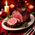 Traditional gourmet meal of roast beef, plated with festive Christmas decoration for holiday meal Royalty Free Stock Photo