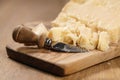 Traditional grana padano italian cheese on olive board Royalty Free Stock Photo