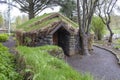 Traditional grass-roofed house in Reykjavik Botanical Gardens, Iceland seen from the front Royalty Free Stock Photo