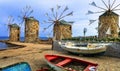 Traditional Greece series - old windmills over the sea in Chios island Royalty Free Stock Photo