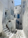 Traditional greek architecture, Stairs, whitewashed walls and blue doors at Mykonos village