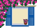 Traditional greek blue window with bougainvillea flowers - Cyclades Greece Royalty Free Stock Photo