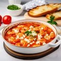 Traditional Greek cuisine, delicious appetizer Saganaki shrimp in red sauce, served only hot on the table Royalty Free Stock Photo