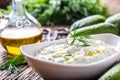 Traditional greek dip sauce or dressing tzatziki prepared with grated cucumber sour cream yogurt olive oil and fresh dill.