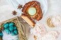 Traditional Greek Easter bread - tsoureki, sliced in Easter decorations with painted blue quail eggs in the nest and flowers. Top Royalty Free Stock Photo