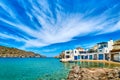 Traditional Greek fishermen village, blue sea, great sky, summer. Firopotamos, Milos island, Cyclades, Greece. Royalty Free Stock Photo