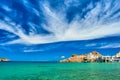 Traditional Greek fishermen village, blue sea, great sky, summer. Firopotamos, Milos island, Cyclades, Greece. Royalty Free Stock Photo