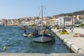 Traditional Greek fishing boats in Samos port on Samos island, Greece Royalty Free Stock Photo