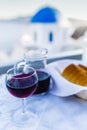 Traditional Greek food and homemade red wine Royalty Free Stock Photo