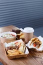 Traditional Greek food served on on table for lunch in a fast food restaurant. Gyros wrap, grilled souvlaki meat and pita bread Royalty Free Stock Photo