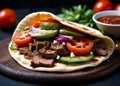 Traditional greek gyros with meat, vegetables and sauce. Generative AI