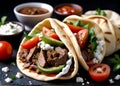 Traditional greek gyros with meat, vegetables and sauce. Generative AI