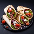 Traditional Greek gyros with meat, vegetables and sauce. Generative AI