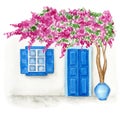 Traditional greek house with flowers watercolor illustration isolated in white background, Greece islands blue white