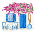 Traditional greek house with flowers watercolor illustration isolated in white background, Greece islands blue white Royalty Free Stock Photo