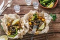 Traditional Greek kleftiko, an oven-baked lamb stew with potato, olive oil, onion, carrot, garlic and herbs, served with Royalty Free Stock Photo