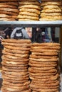 Traditional greek koulouri, sesame bread ring bagels, street food closeup view Royalty Free Stock Photo