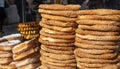 Traditional greek koulouri, sesame bread ring bagels, street food closeup view