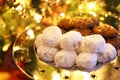 Traditional greek kourabies and melomakarona in front of the Christmas tree Royalty Free Stock Photo