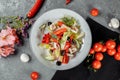 Traditional greek salad with fresh vegetables, feta cheese and olives. Top view. Selective focus Royalty Free Stock Photo