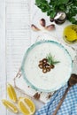 Traditional Greek sauce Tzatziki. Yogurt, cucumber, dill, garlic and salt oil in a ceramic bowl on a light wooden background. Royalty Free Stock Photo