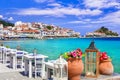 Traditional Greek seaside taverns . beautiful Samos island, Kokkari village Royalty Free Stock Photo