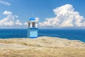 Traditional Greek small church or chapel on sea backround Royalty Free Stock Photo