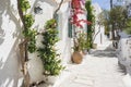 Traditional greek street with flowers, Greece. Greek vacations, travel destination, landmarks concept. Royalty Free Stock Photo