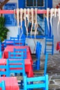 Traditional greek tavern food Octopus drying in the sun