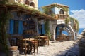 Traditional Greek tavern near sea. Generate Ai Royalty Free Stock Photo