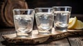 Traditional greek vodka - ouzo in shot glasses on rustic wood background. Generative AI