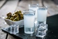 Traditional greek vodka - ouzo in shot glasses Royalty Free Stock Photo